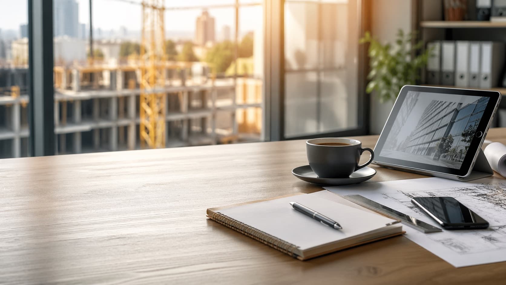 Office desk with notebook and coffee
