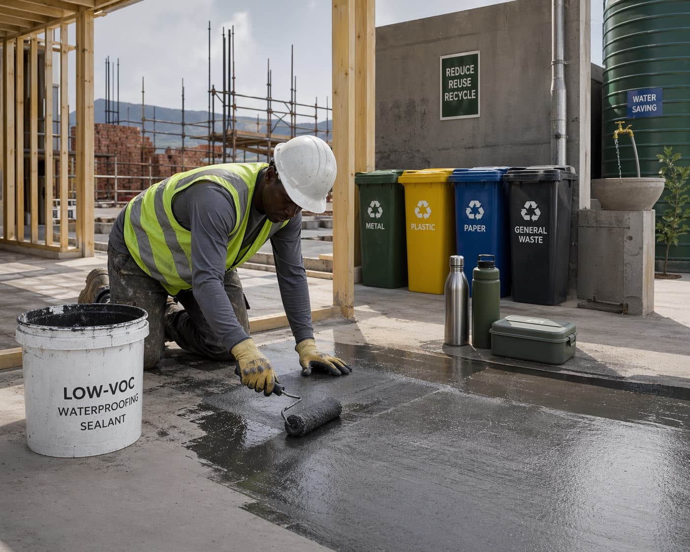 Worker applying waterproofing membrane on a construction site