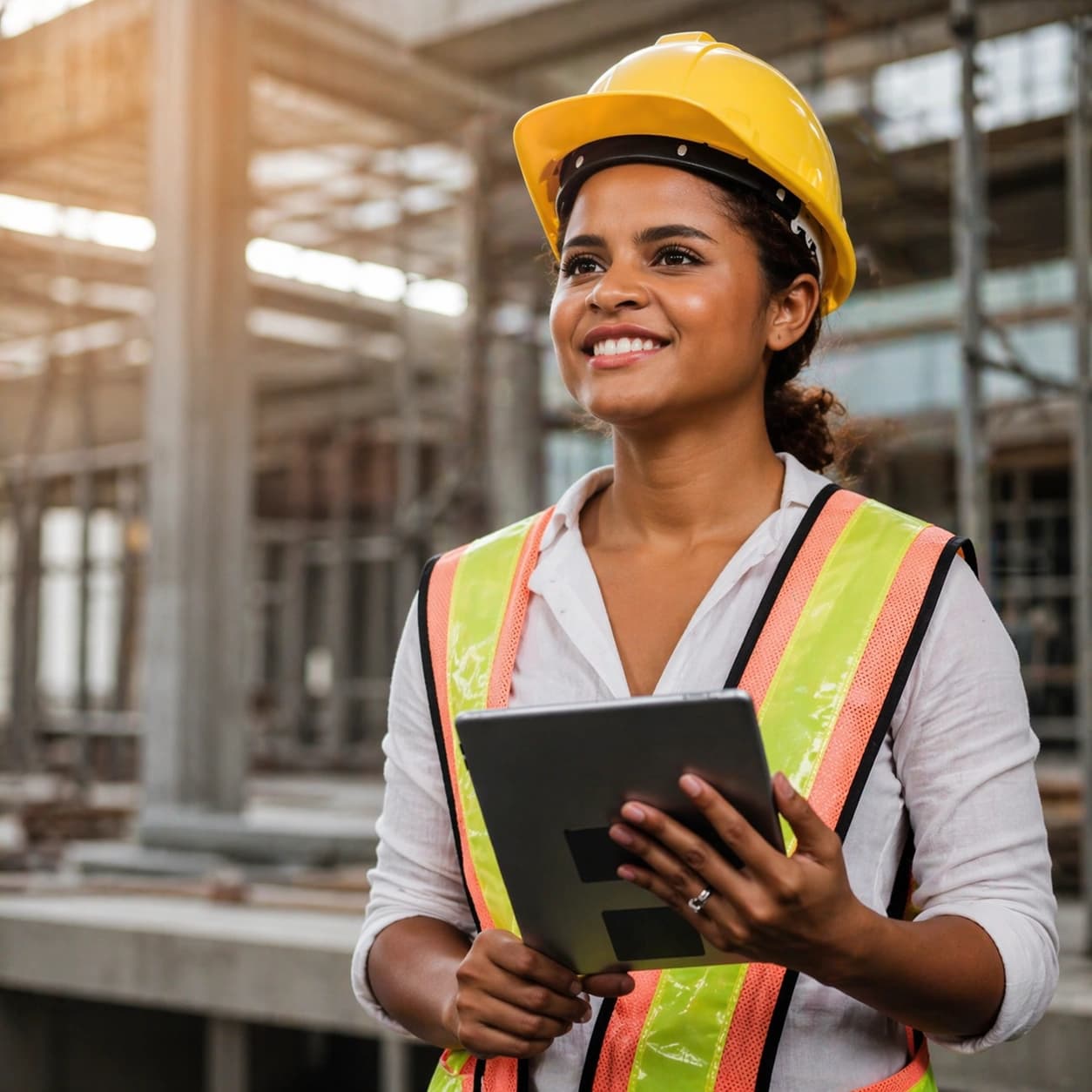 Construction professional with tablet on site