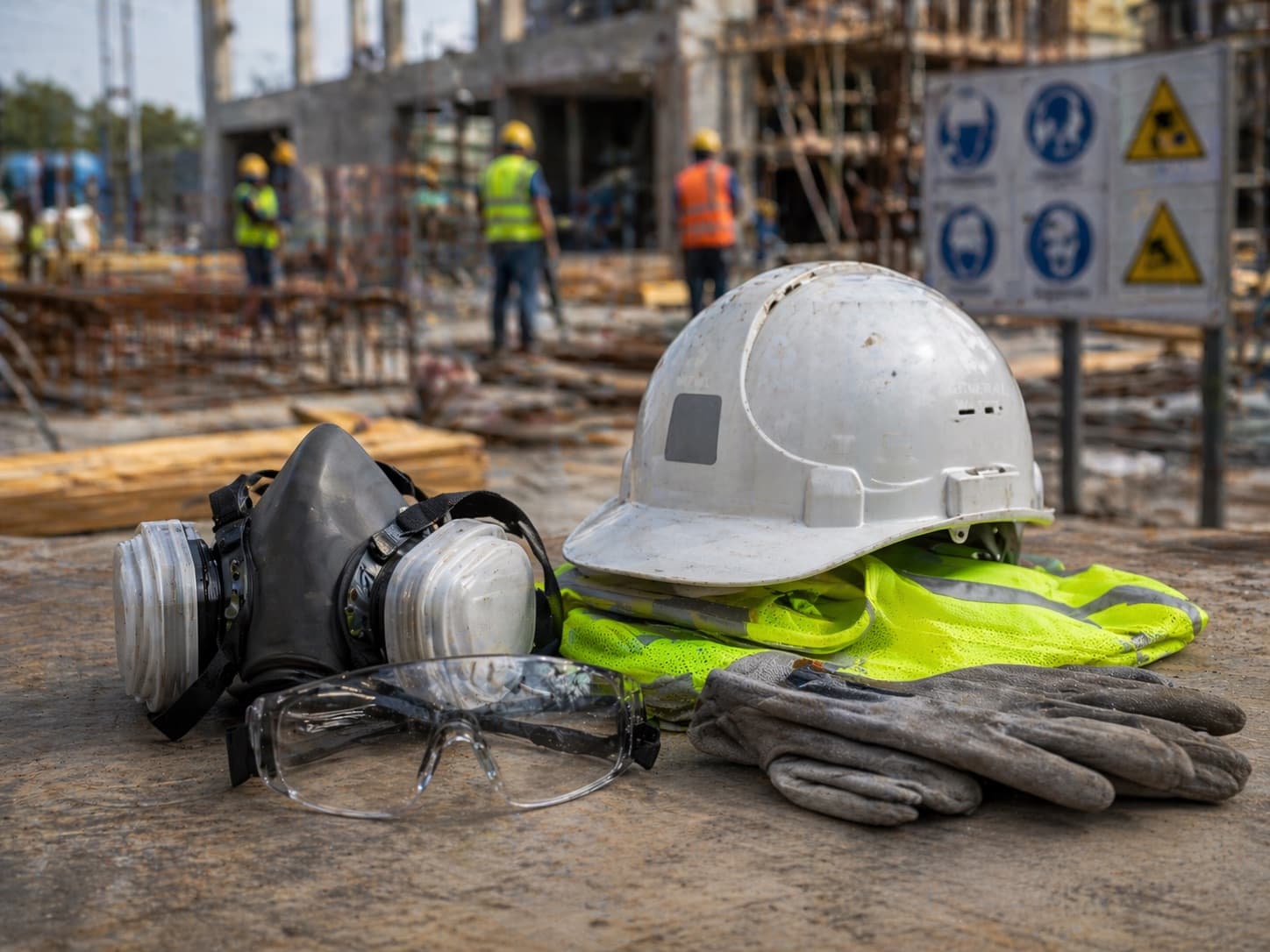 Safety equipment including respirator, gloves, and hard hat