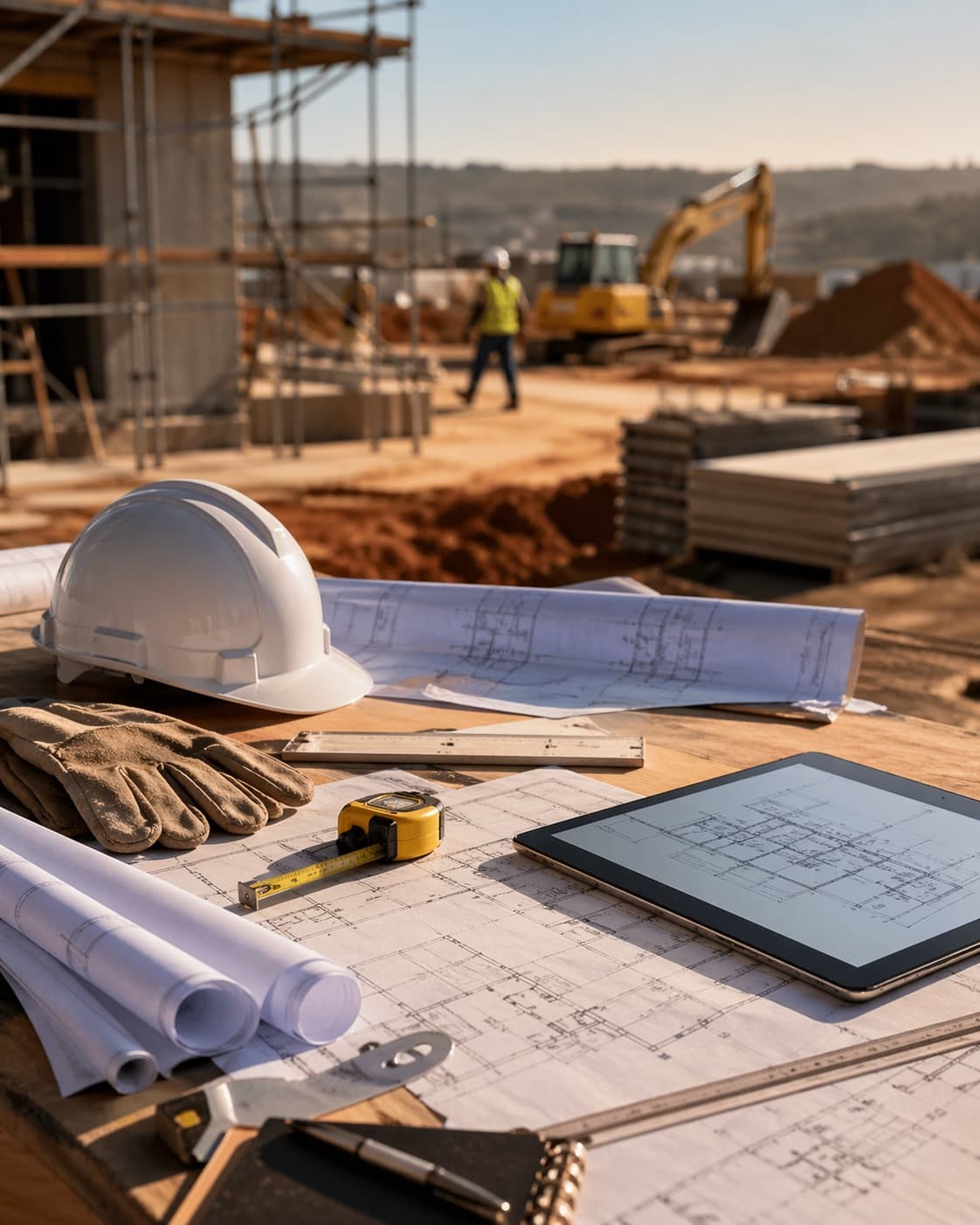 Construction tools on architectural blueprints